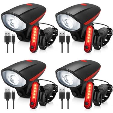 Imagem de Hanaive Conjunto de 4 conjuntos de luzes LED brilhantes para bicicleta, recarregável por USB, farol dianteiro, lanterna traseira à prova d'água, acessórios de ciclismo para homens e mulheres