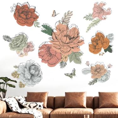 Imagem de Decalques de parede de flores para sala de estar: adesivos de parede de flores silvestres floral boho plantas de grama - quarto sofá TV fundo decoração de parede de casa