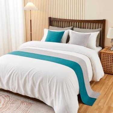 Imagem de Cachecol de corredor de cama de hotel moderno faixa de decoração de cama sem desbotamento quarto proteção dupla cor patchwork cama cauda toalha de cama de luxo para pé da cama - azul