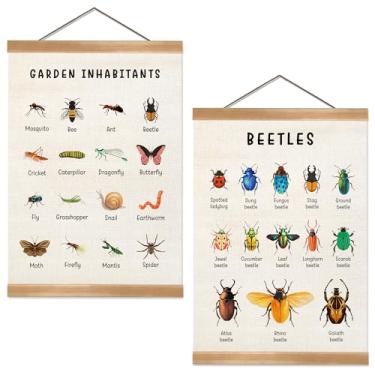 Imagem de ZTGDA Cartazes de insetos, jardim, habitantes e besouros, tela de linho, arte de parede com moldura de madeira, pôsteres Montessori Nature para quarto de crianças, sala de aula ou decoração de escola
