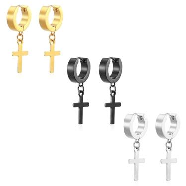 Imagem de Conjunto de 3 pares de brincos de argola de cruz masculinos e femininos de aço inoxidável com dobradiças, Sem pedra preciosa