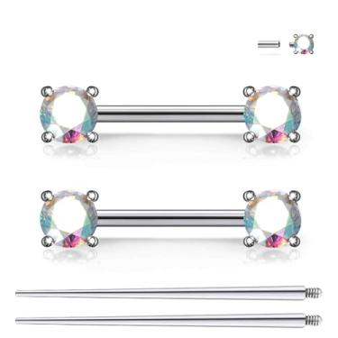 Imagem de Ruifan Piercing de mamilo com rosca interna de titânio anel redondo AB colorido CZ língua anéis de barra reta piercing corporal joias para mulheres homens 14G 14 mm com cone de piercing reto