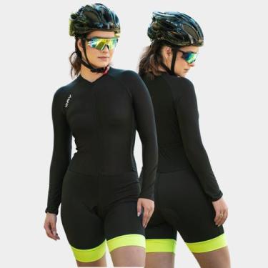 Imagem de Macaquinho de Ciclismo Feminino Manga Longa Bike Way Fresh Preto Verde