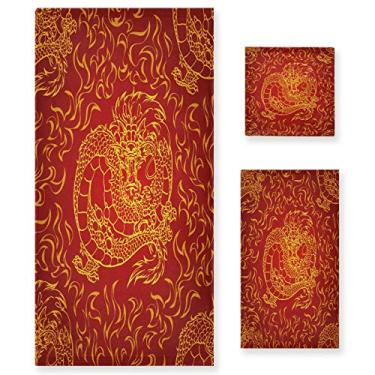 Imagem de Naanle Magic Cool Dragon Asian Fire Red Soft Luxury Decorative 3 peças conjunto de toalhas, 1 toalha de banho + 1 toalha de mão + 1 toalha, multiuso para banheiro, hotel, academia, spa e cozinha
