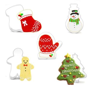 Imagem de Molde de biscoito de Natal de aço inoxidável - Luvas de meia de Natal, boneco de neve, boneco de neve, molde de biscoito - Conjunto de molde de corte de Natal de aço inoxidável - 5 pçs/conjunto