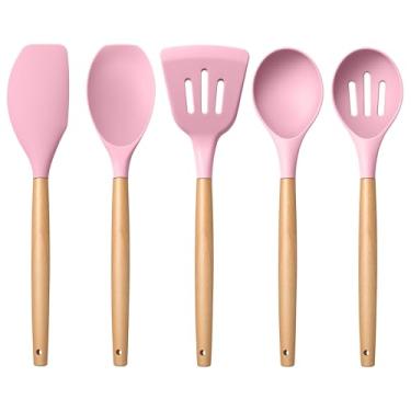 Imagem de E-far Conjunto de utensílios de cozinha de silicone, conjunto de 5 peças de utensílios de cozinha com cabo de madeira para cozinhar, ferramentas antiaderentes de cozinha de silicone, espátula