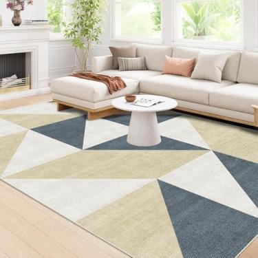 Imagem de Season wind Tapete geométrico moderno azul e dourado para sala de estar, 20 x 25 cm, abstrato, grande, macio, lavável, neutro, tapete de pilha baixa para quarto, casa de fazenda, antiderrapante