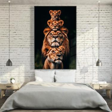 Imagem de Quadro decorativo familia de leão com dois filhotes vertical - MeMoldu
