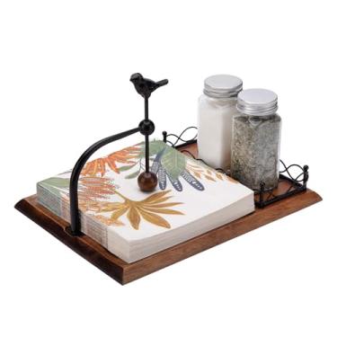 Imagem de NPKCJZY Porta-guardanapos para mesa, dispensador de guardanapos de madeira de fazenda com braço pesado preto, suporte de guardanapo de papel rústico com saleiro e pimenteiro para cozinha, café, bar e