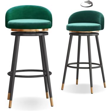 Imagem de Conjunto De 2 Bancos De Bar De Cozinha Cadeiras De Bar Giratórias De 360° Com Assento Estofado Macio, Pernas De Metal Carrega Até 200kg, 65cm, Green, Black