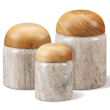 Imagem de Suclain 3 peças de adega de sal de mármore com tampas de madeira, recipiente de sal de pedra e potes de temperos para armazenamento de farinha, açúcar, sal, café, chá, suporte de cotonete