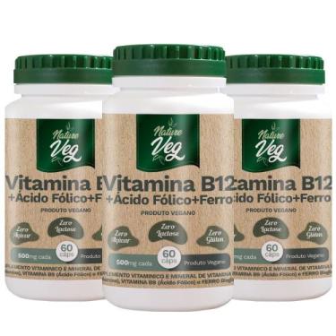 Imagem de Kit 3 Vitamina B12 + Ácido Fólico + Ferro (Produto Vegano) 60 Cápsulas