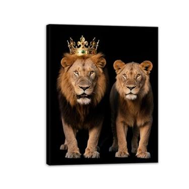 Imagem de Arte de parede em tela emoldurada preta O Rei Leão e a Rainha com Coroa Dourada Pôster Preto e Branco Animal Decoração de Parede Pintura para Casa Quarto Sala de Estar Escritório 80 x 60 cm (32 x 24