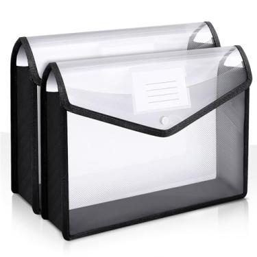 Imagem de Organizador de arquivos expansível com fecho de botão, pastas de documentos de plástico transparente, conjunto de 2, acabamento preto