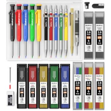 Imagem de Nicpro Pacote com 27 lápis de carpinteiro para marcenaria, lapiseira de construção com 100 recargas, perfurador central automático e ferramenta de carpinteiro de carboneto, lápis de construção para