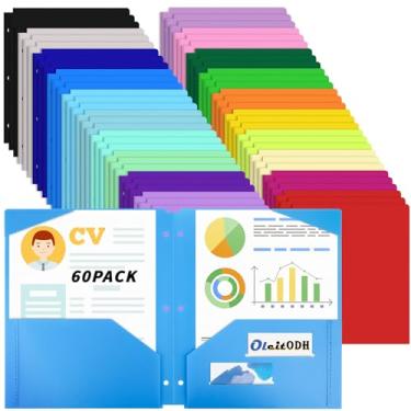 Imagem de Pacote com 60 pastas de plástico com bolsos perfurados com 3 furos - Oleitodh 20 cores, pasta de 2 bolsos com 2 porta-cartões de visita, cabe em fichário de 3 anéis, pastas resistentes para escola,