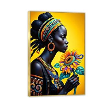 Imagem de Retrato de Mulher Negra Abstrato Colorido Girassol Impressão Arte de Parede Preto e Dourado Emoldurado Imagem de Menina Decoração de Escritório em Casa Quarto 45 x 30 cm (18 x 12 pol) Moldura dourada