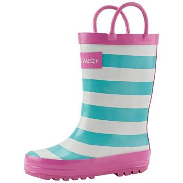 Imagem de Botas de chuva de borracha impermeáveis infantis Oaki com alças fáceis de colocar, Mint, White & Pink Stripes, 8 Toddler