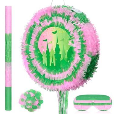 Imagem de Soulchen Witch Party Favor Pink and Green Piñata Game Set 14.2'' Round Witch Piñata with Stick and Blindfold Witched and Princess Party Decoration for Birthday Baby Shower Quinceañera Fiesta Supplies