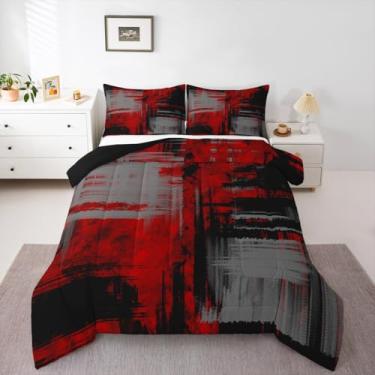 Imagem de Conjunto de cama infantil, vermelho, cinza, preto, tamanho casal, abstrato, para decoração de quarto de meninos, meninas, adolescentes, conjunto de edredom geométrico, respirável, macio, leve