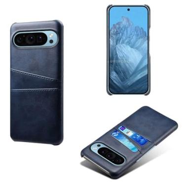 Imagem de Capas Compatível com Google Pixel 9 Pro XL,Caso de couro PU-Tampa de telefone a prova de choque com 2 slots de cartão,Proteção anti-impressão digital e anti-gota-Blue