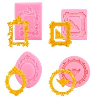 Imagem de lasuroa 4un. Moldes de Silicone com Moldura, Molde Chocolate com Moldura Rosa Mini Molde Argila Seca Ao Ar Moldes Fotográficos para Decoração de Bolos Topos Cupcake Doces Chocolate (4 Estilos)