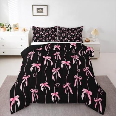 Imagem de Feelyou Conjunto de edredom com laço preto e rosa para meninas, meninos, crianças, tamanho casal, fofo, gravata borboleta, decoração de quarto, laço feminino, sonhador, princesa, coração, amor