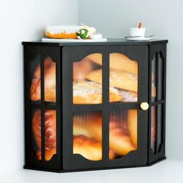 Imagem de Jolitac Caixa de pão de canto – Armazenamento de pão de madeira maciça estilo vintage com painel de porta de acrílico ondulado, organizador de bancada de camada dupla de grande capacidade para baguete
