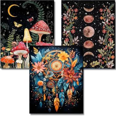 Imagem de OFRKE Kits de pintura de diamante para adultos, pacote com 3 peças de arte de diamante de lua de cogumelo para iniciantes, pintura de diamante redondo 5D completa com fotos de diamantes, kits de