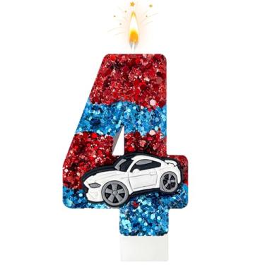 Imagem de Velas de aniversário de carro vermelhas e azuis, número 4 para topo de bolo, decorações de aniversário de carros de corrida, adequadas para decoração de festas de aniversário com tema de carros