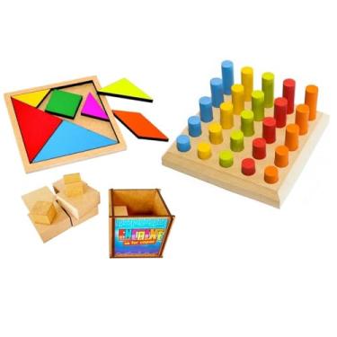 Imagem de Kit 3 Brinquedos TANGRAM + PINOS DE ENCAIXE + DESAFIO ENCAIXE SE FOR CAPAZ em Madeira