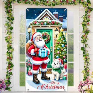 Imagem de BlissYard Capa de porta de Papai Noel e cachorro, faixa de Natal de 188 x 89 cm para decoração interna de porta da frente grande pano de fundo de férias com saco de presente guirlanda de porta verde