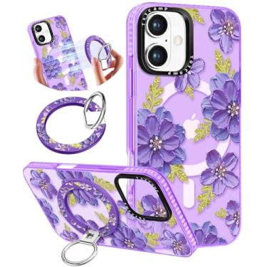 Imagem de Toycamp Capa para iPhone 16 Plus compatível com Magsafe - Design fofo 360° Suporte magnético de anel suporte suporte engraçado Vt Flower Girly Pretty Fashion Capas de telefone TPU para mulheres Tenn