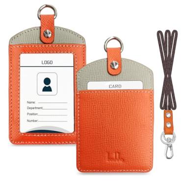 Imagem de Cartão de identificação de couro estilo vertical Boshiho com cordão resistente, Brown Orange, 4.3 x 2.8 inch