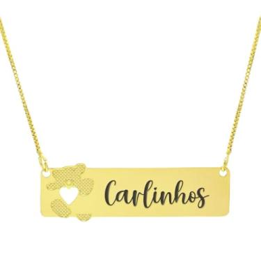 Imagem de Colar Personalizado Ursinho Coração Vazado Gravação Carlinhos Banhado Ouro 18K - 999012166
