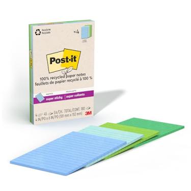 Imagem de Post-it Notas super adesivas 100% de papel reciclado, 2x o poder de colagem, 10 x 15 cm, 4 blocos, 45 folhas/bloco, coleção Oasis (4621R-4SST)