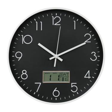 Imagem de BAKBRAND Relógio de parede com visor LCD sem tique-taque silencioso movimento de quartzo decoração relógio com calendário perpétuo e temperatura estilo moderno relógios de parede redondos para