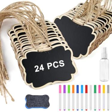 Imagem de NEBURORA 24 peças de mini placas de madeira apagáveis com cordão para pendurar, quadros-negros de dupla face reutilizáveis para quadros de mensagens, placas de pendurar, etiquetas de preços, números
