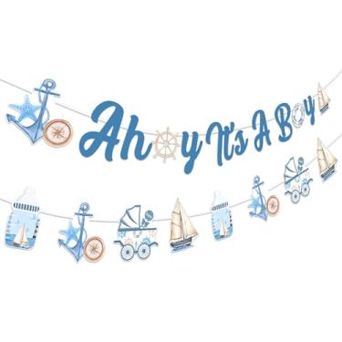 Imagem de Decorações de chá de bebê náutico aquarela azul Ahoy It's A Boy Banner Tema Náutico Guirlanda Marinheiro Decorações Penduradas Oceano Âncora Veleiro Farol Navio Barco Revelar Gênero Artigos de Festa
