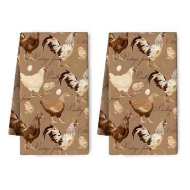 Imagem de Conjunto decorativo de 2 toalhas de prato de cozinha de fazenda, toalhas de chá de galo vintage absorventes de galo de frango, secagem à mão, pano, pano, decoração de cozinha de fazenda, presentes de