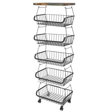 Imagem de Cesta de armazenamento rotativa com rodas e mesa superior Multi Tier Metal Wire Fruit Vegetable Organizer Carrinho para Casa Cozinha Resistente Rustproof Carbon Steel Fiberboard 4 (6 camadas)