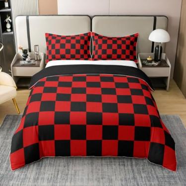 Imagem de Jogo de cama xadrez para adolescentes e homens, vermelho, preto, xadrez, 100% algodão, tamanho solteiro, crianças, meninos, meninas, retrô, neutro, xadrez, geométrico, vintage, decoração de quarto