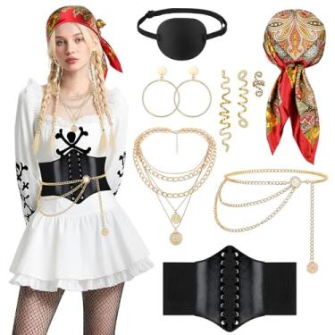 Imagem de SelfTek Conjunto de 10 acessórios de fantasia de pirata para mulheres - Roupa de pirata feminina com lenço de cabeça, espartilho, colar, corrente de cintura, brincos, tapa-olhos, acessórios de cabelo