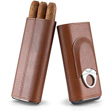 Imagem de Oyydecor Caixa de charuto 3 - Estojo de transporte para charuto conjunto de caixa de charuto de madeira de cedro, umidificador de charuto com cortador de aço inoxidável prateado (marrom)
