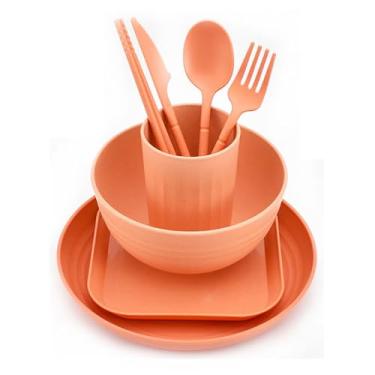 Imagem de Conjunto de 8 peças de palha de trigo, utensílios de cozinha, utensílios de jantar, pratos, tigela, xícara, prato, faca, garfo, pauzinhos, talheres (laranja)