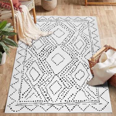Imagem de ESSMOKO Tapete de sala de estar em estilo nórdico moderno, tapete de quarto, tapete de lã artificial, lavável à máquina, fácil de cuidar, 60 x 90 cm, padrão de pontos preto e branco