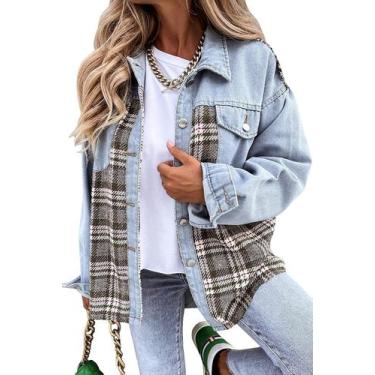 Imagem de Jaqueta jeans feminina Shacket WROLEM xadrez com bolsos