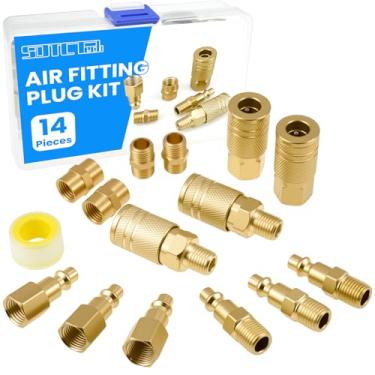 Imagem de SDTC Tech Kit de acoplador de ar e plugue NPT de 1/10.2 cm, 14 peças de acessórios de mangueira de ar de conexão rápida, acessórios de compressor de latão tipo D industrial de 1/10.2 cm, 300 PSI