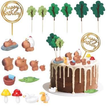 Imagem de Conjunto de topo de bolo capivara com 19 peças, decoração de bolo de animais da floresta Capivara resina decoração de jardim de fadas para chá de bebê, festa de aniversário, casa de boneca, mesa