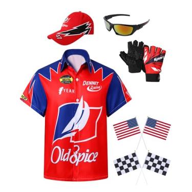 Imagem de 6 peças de fantasias de personagens adultos em talladega Nights, camisa, chapéu, óculos de sol, luvas e pequenas bandeiras, conjunto de fantasia masculina e feminina F1 para noite de Talladega, roupa